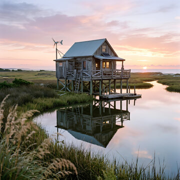 Rustic stilt house with windmill on tranquil marsh at sunrise serene water reflection