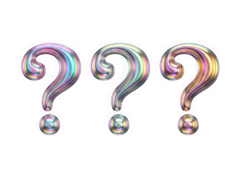 Three colorful iridescent question marks isolated on a transparent background