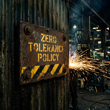 Rusty Zero Tolerance Policy Sign in Industrial Factory with Welding Sparks