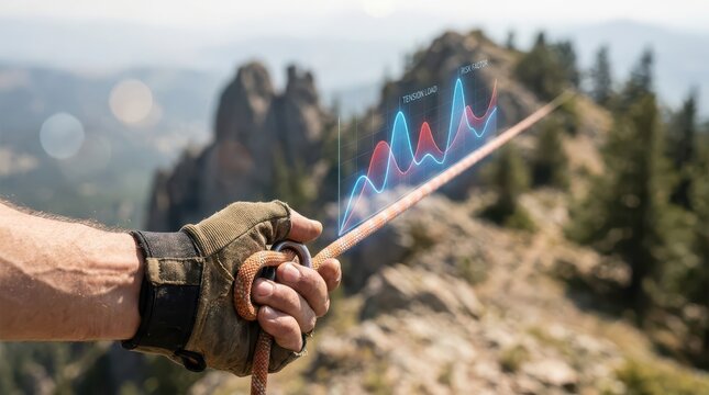 Person holding futuristic device displaying data analytics in mountainous landscape