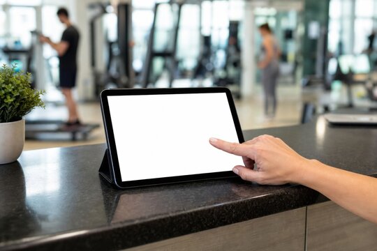 Hand interacting with blank digital tablet at gym reception