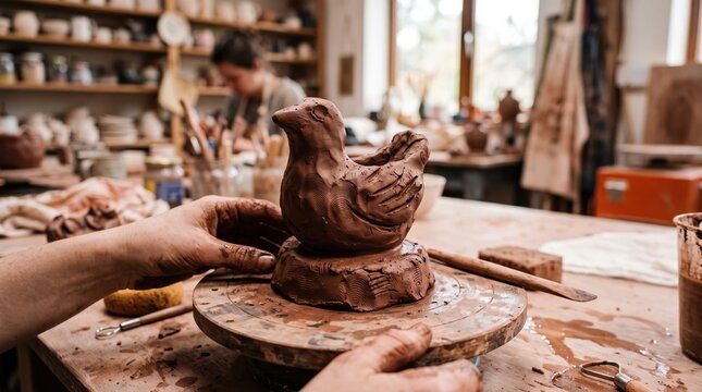 Hands sculpting clay bird in studio