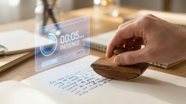 Person stamping document while digital progress bar shows patience timer on holographic display
