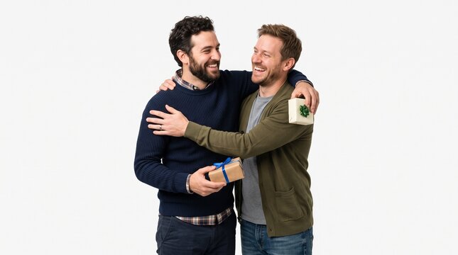 Two happy men exchanging gifts and hugging warmly on a white background