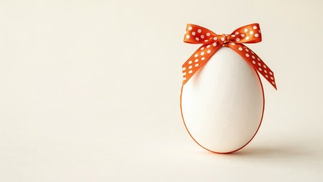 White egg decorated with an orange polka dot ribbon bow
