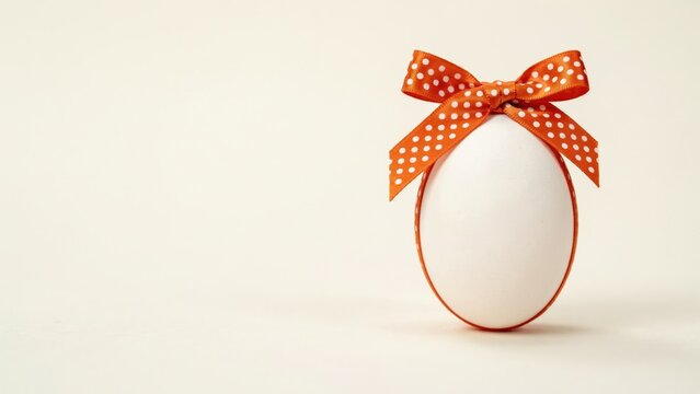 White egg decorated with an orange polka dot ribbon bow