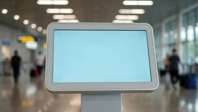 Blank digital information kiosk screen in a blurred airport terminal