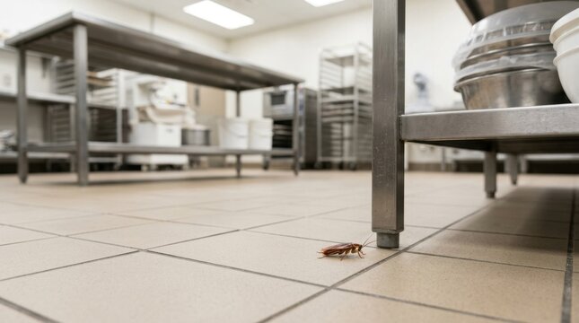 Cockroach crawling on tiled floor in commercial bakery kitchen. Food safety and sanitation violation concept