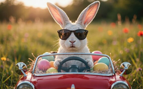 White rabbit wearing sunglasses driving a red toy car filled with easter eggs