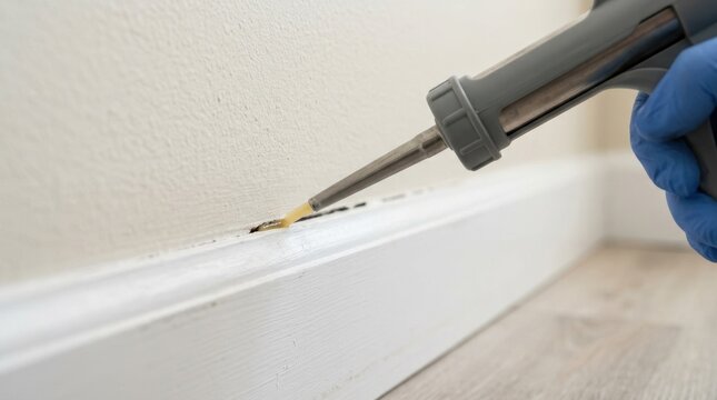 Exterminator applying cockroach gel bait into a wall crack. Professional pest control injection treatment along white baseboard