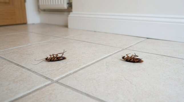 Two dead cockroaches lying on their backs on a tiled floor. Successful pest control extermination treatment result