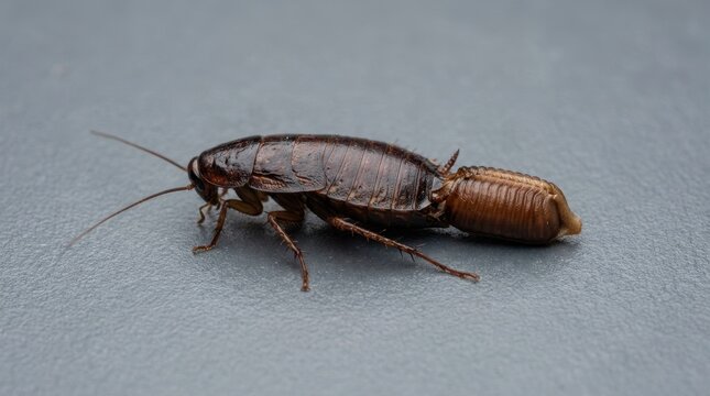 Female cockroach carrying a brown egg case ootheca. Macro view of insect reproduction and life cycle