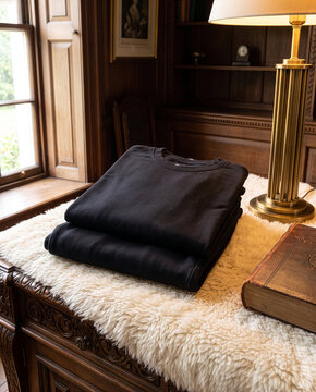 Folded blank black sweatshirt or t-shirt mockup on sheepskin runner placed on antique carved wood chest beside brass lamp Generative Ai