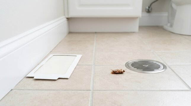 Dead cockroach on a tiled bathroom floor next to a metal drain and sticky trap. Aftermath of household pest control treatment. Insect extermination success