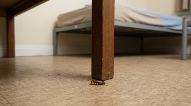 Cockroach crawling on floor next to bed leg in hostel room. Pest control problem in budget dormitory accommodation