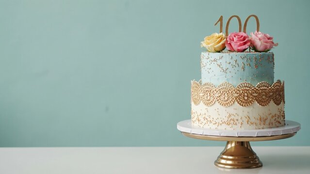 Two-tiered birthday cake with 100 cake topper and fresh roses
