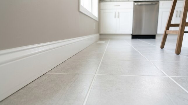 Clean kitchen floor with grey tiles and white baseboard. Pest prevention and home hygiene concept