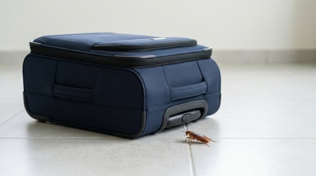 Cockroach crawling near blue luggage on tiled floor. Travel pest infestation risk concept