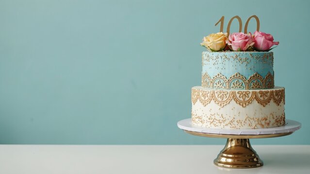 Two-tiered cake with gold lace detailing and 100 cake topper