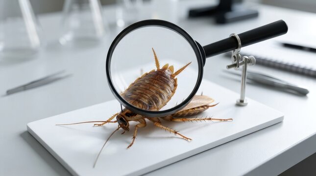 Cockroach under magnifying glass in science laboratory. Insect research and entomology study