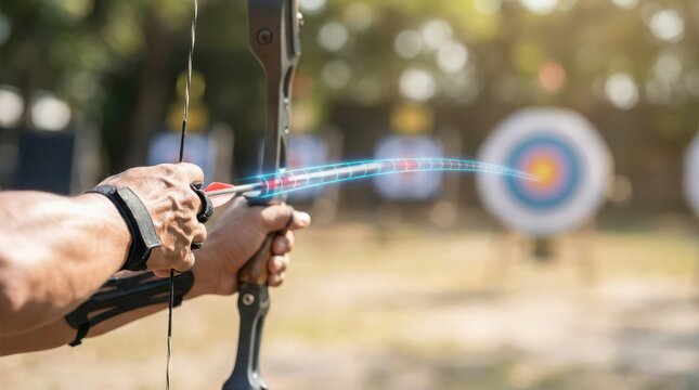 Person drawing a bow and arrow aiming at a target in an outdoor archery range