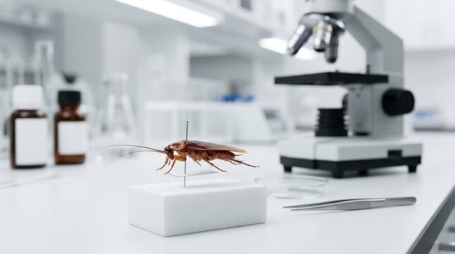 Pinned cockroach specimen in science laboratory. Microscope research and entomology study