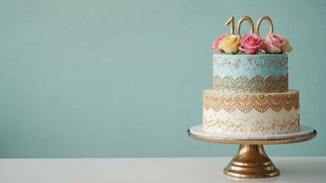 Two-tiered birthday cake with gold lace detail and number 100 topper
