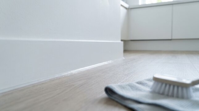 Clean kitchen floor with baseboard and cleaning tools. Pest prevention and home hygiene concept