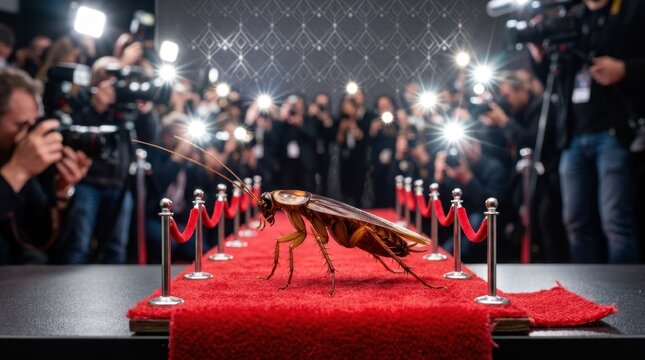 Cockroach walking down a red carpet with camera flashes. Humorous celebrity and fame parody concept