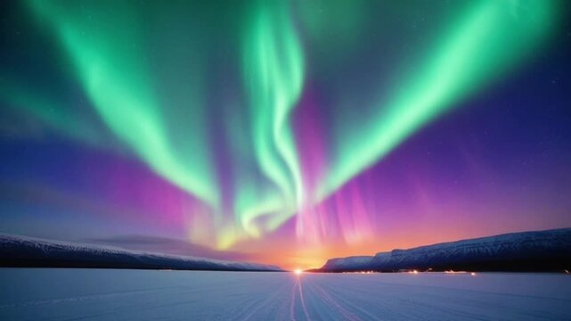 The auroral lights appear to dance across the night sky in a striking combination of vibrant green and purple, blending with the orange hues along the horizon.