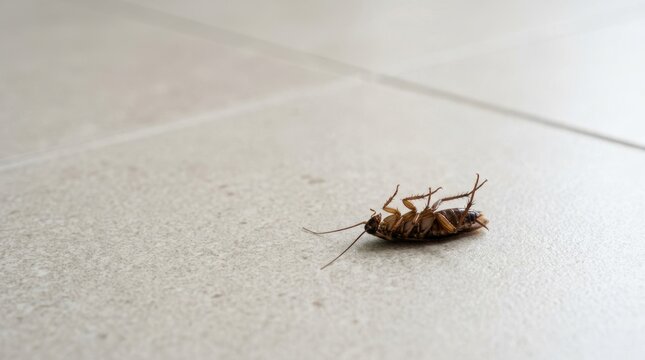 Dead brown cockroach lying on its back on a light tiled floor. Successful pest control and extermination concept. Copy space for text