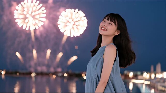 Smiling young Asian woman watching colorful fireworks by the waterfront at night, joyful celebration portrait with festive lights and copy space