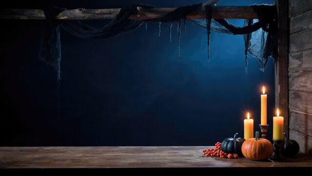 Halloween still life with pumpkins, lit candles, and dark draped fabric