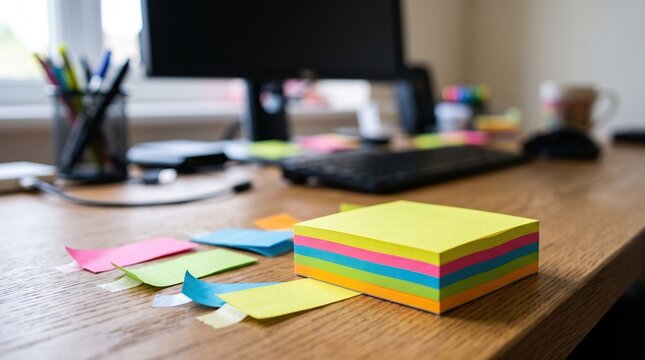 Colorful sticky notes on office desk