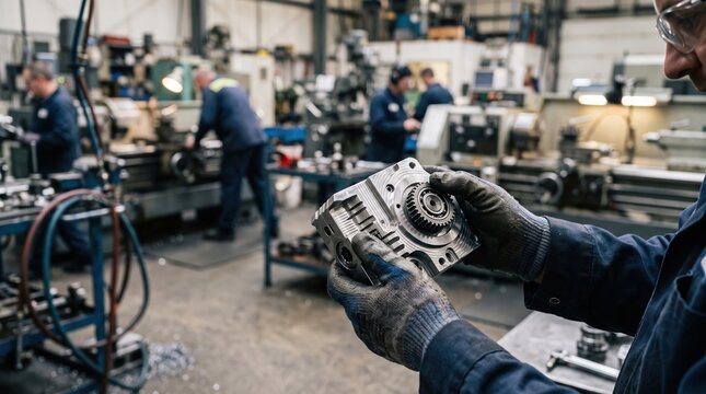 Factory worker inspecting metal part