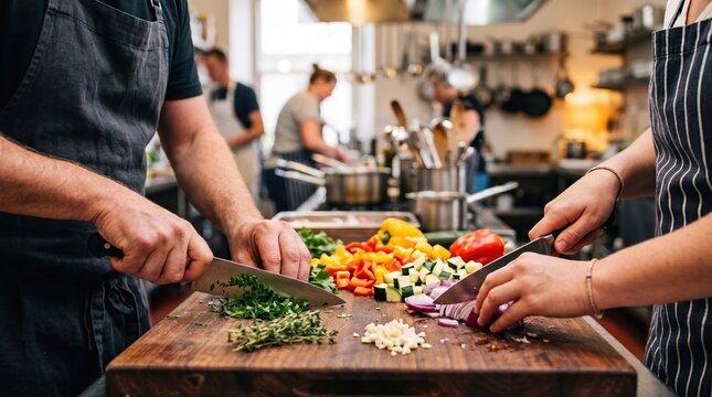 People chopping fresh vegetables in kitchen