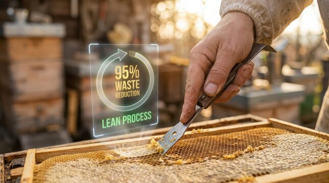 Person using a tool to harvest honeycomb with 95 percent waste reduction concept overlay