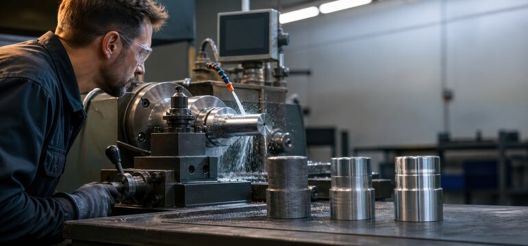 Machinist monitoring precision metal turning operation on a lathe