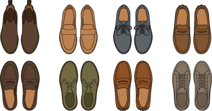 Men casual footwear vector set with top view of loafers moccasins boots and leather derby shoes for fashion collection design