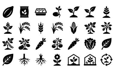 Obraz premium Agricultural seed germination and plant growth stage black icons for farming education.