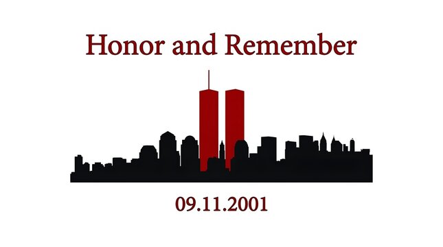 Silhouette of the New York City skyline featuring the World Trade Center Twin Towers in a clean vector illustration style. Commemorative Patriot Day banner design marking ... 