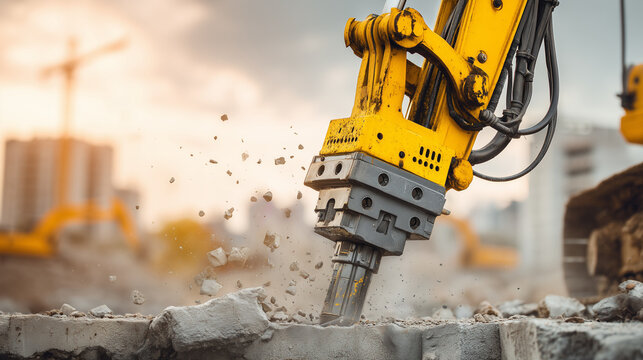 Powerful hydraulic breaker attachment crushing concrete on a construction site. Heavy excavation machinery surrounded by flying debris, highlighting demolition, infrastructure work and urban developme