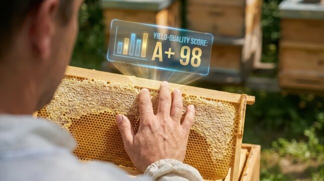 Beekeeper inspecting honeycomb with high yieldquality score displayed by augmented reality interface