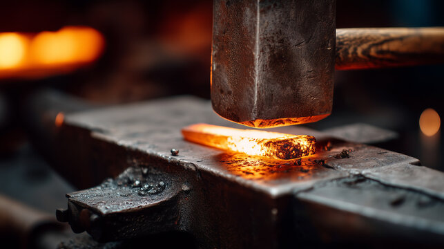 Close-up of a blacksmith forging a glowing piece of hot metal on an anvil in a traditional workshop, representing metalworking, craftsmanship and industrial production.