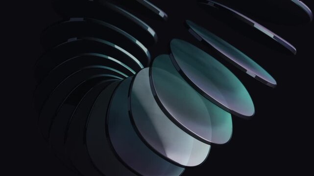 Abstract digital art featuring layered glass discs in a swirling pattern, emitting a subtle glow