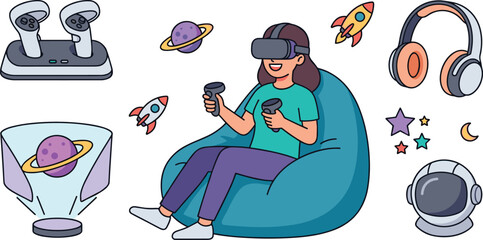 Virtual reality gaming vector set featuring girl in VR headset on bean bag chair with space exploration elements and gear © MstJoynobAkhtar