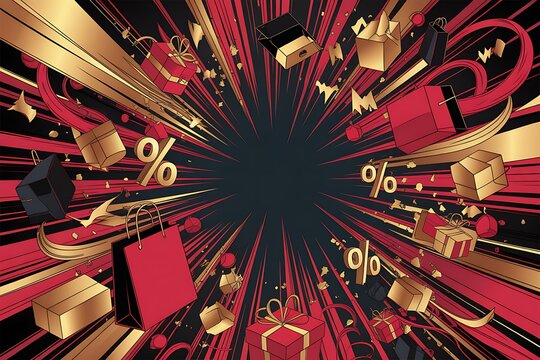 Abstract explosion of colorful sale tags and percentages radiating from a dark center