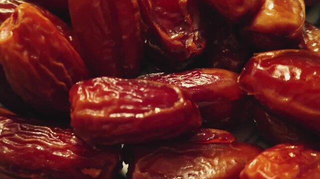 Fresh dates with glossy texture, Close-up view of ripe dates showing their reddish-brown color, glossy surface and natural wrinkled texture
