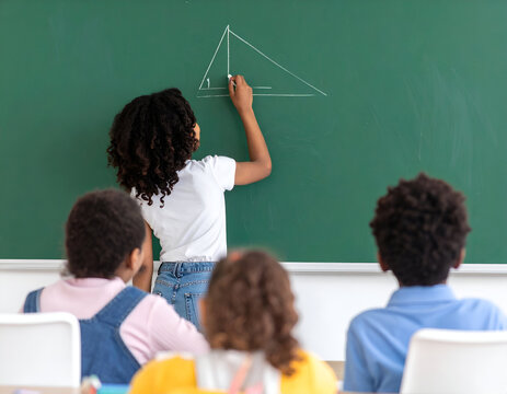 A young girl with curly hair stands at a green chalkboard drawing a right-angled triangle with white chalk while classmates watch from their desks.