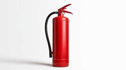 Obraz premium Red fire extinguisher with black hose standing against a white wall safety equipment fire protection emergency equipment fire fighting safety gear red canister cylinder